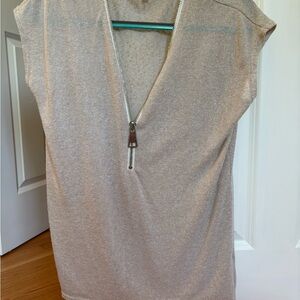 Joan Vass Cap Sleeve Gray Cream Tunic Blouse
